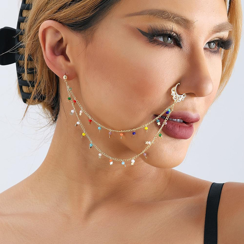 跨境朋克印度串珠星心流苏鼻链鼻环带链耳钉非穿孔分层链鼻环