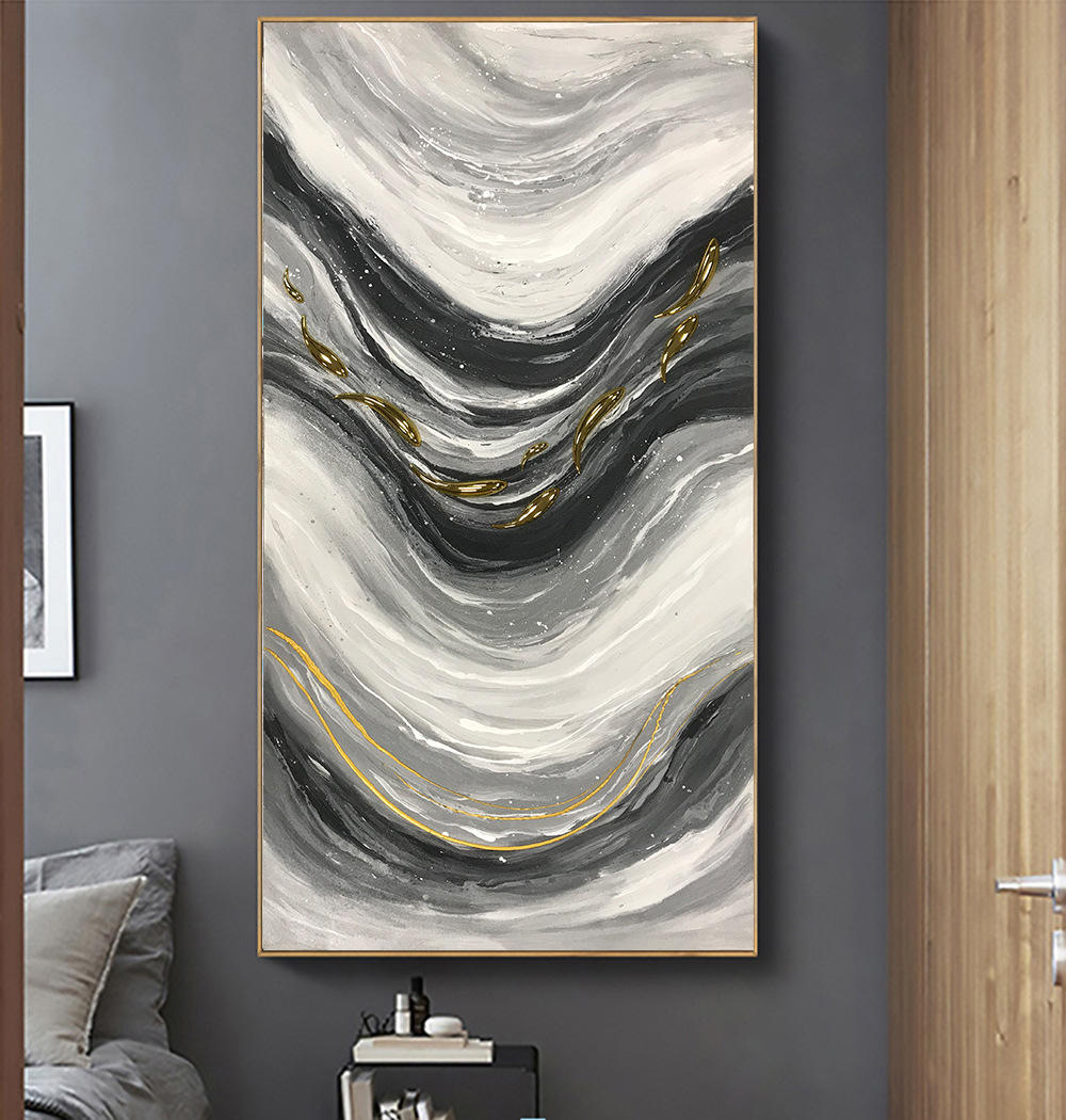 手绘油画 力争上游 九鱼玄关竖版单幅挂画现代轻奢时尚走廊装饰画