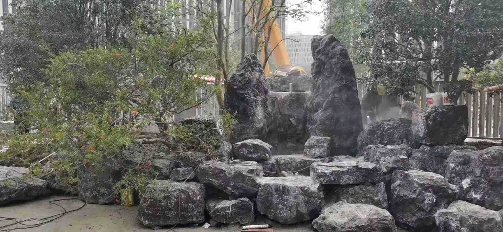 黑山石假山景观叠水瀑布流水喷泉雾化公园风景区安装运输一体化