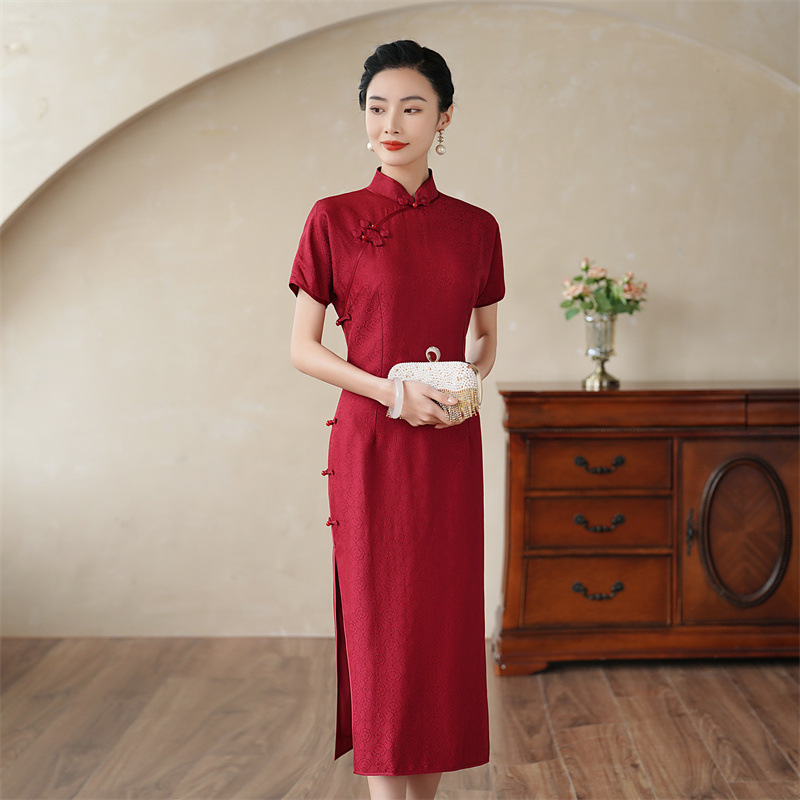 夏季新款真丝桑蚕丝中考高考红色妈妈装国风复古修身气质长旗袍裙