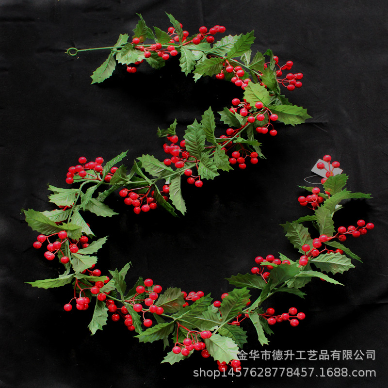 DSEN Cross-Border Supply Christmas Ornaments Amazon Chinese Hawthorn Jequirity Bean Red Bean Hollyberry Green Leaf Christmas Rattan