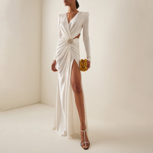 亚马逊白色长袖抽褶镂空V领交叉连衣裙跨境金属欧美女装法式长裙