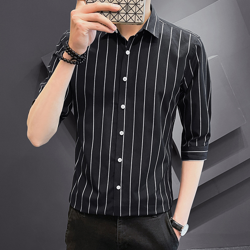 2023 New Striped Shirt Men's Short Sleeve Cropped Shirt Coat Spring and Summer Business Slim-Fit Casual Men's Clothing