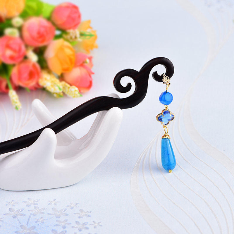 古典古风黑檀木发簪女盘发簪子头饰蓝色发钗配旗袍汉服步摇日常