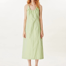 现货 清新夏日苹果绿抽皱绑带法式连衣裙质感舒适时尚长裙