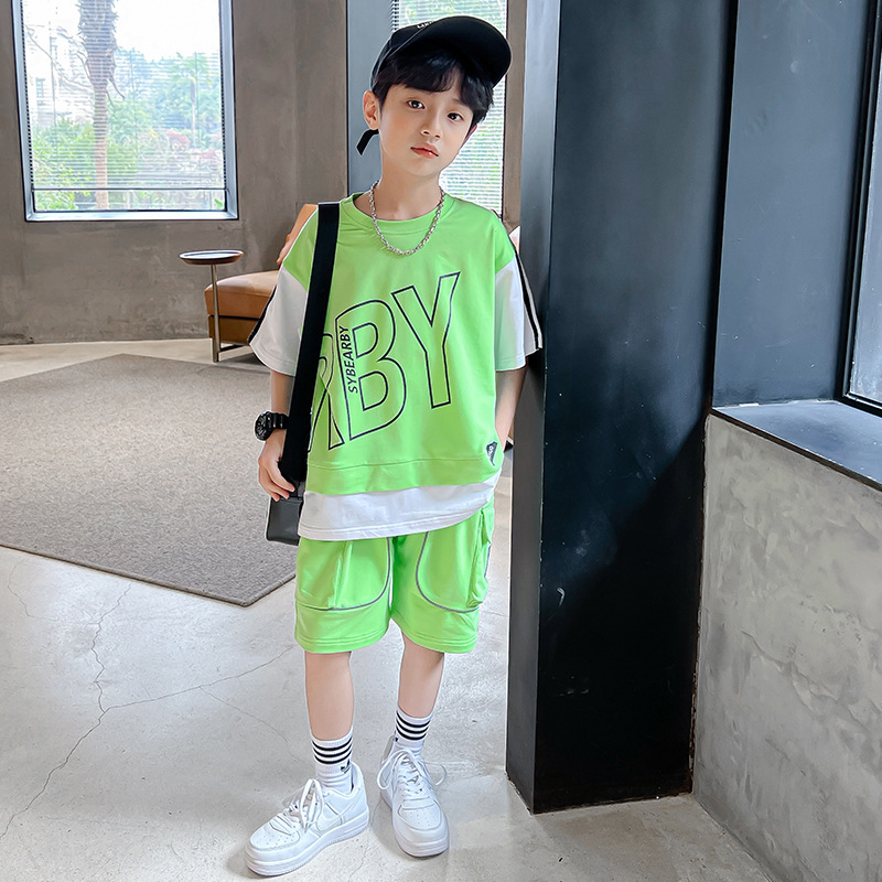 Children's Clothing Summer Suit Pure Cotton 2023 Summer New Medium and Big Children Boys' Short-Sleeved Shorts Suit Color Matching Fashion