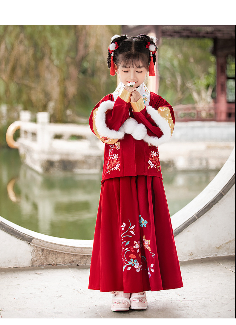 儿童汉服女童春季新款超仙古装加厚中国风小女孩红色唐装套装拜年