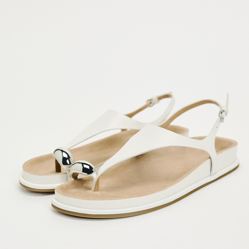 zazblbqnra厚底凉鞋2024夏季新品女鞋夹趾皮革平底休闲白色凉拖女