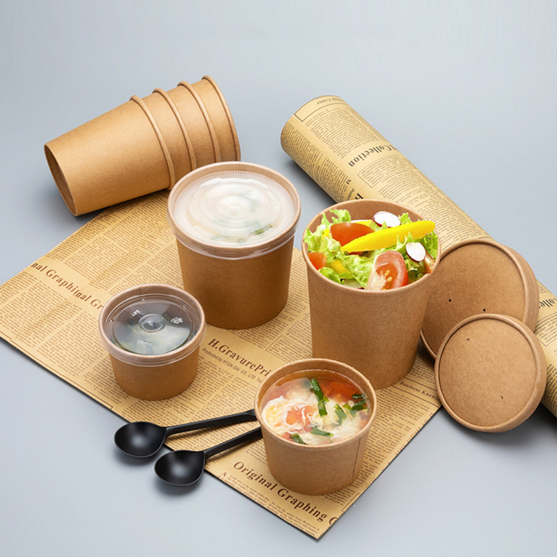 汤桶粥杯加厚外卖打包粥桶可定制一次性牛皮纸汤杯8 16 26 32盎司