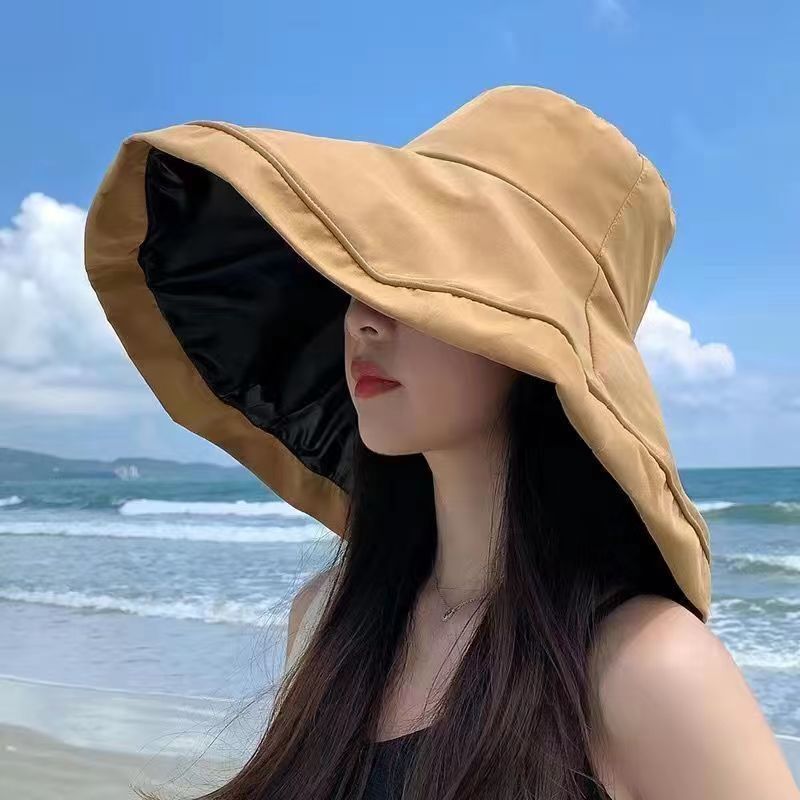 Women's Wide Brim Vinyl Uv-Proof Sun Hat Folding Summer Outing Beach Hat Bucket Hat Versatile Korean Style