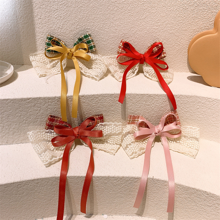 新款韩版儿童格子蕾丝蝴蝶结发夹小女孩飘带顶夹发卡公主丝带头饰