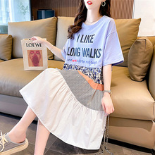 韩版设计感拼接条纹短袖连衣裙女学生夏季新款宽松减龄T恤裙a字裙