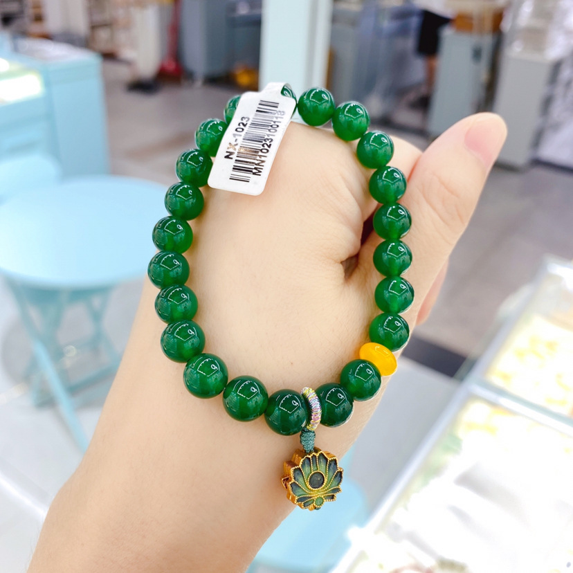 Green Chalcedony Bracelet Female Summer Ins Internet Celebrity Special-Interest Design Vintage Ethnic Style Lotus Pendant Crystal Bracelet Jewelry