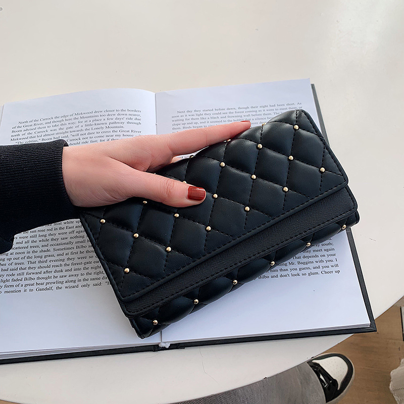 Korean Style New Ladies' Purse Women's Bag Fashion Retro Rivet Diamond Plaid Tri Fold Wallet Large Capacity Card Holder Women's Wallet