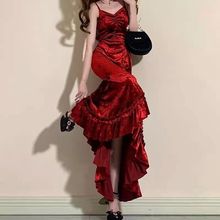红色礼服裙红桃法式风长裙子感宫廷晚礼服气质长款吊带连衣裙女
