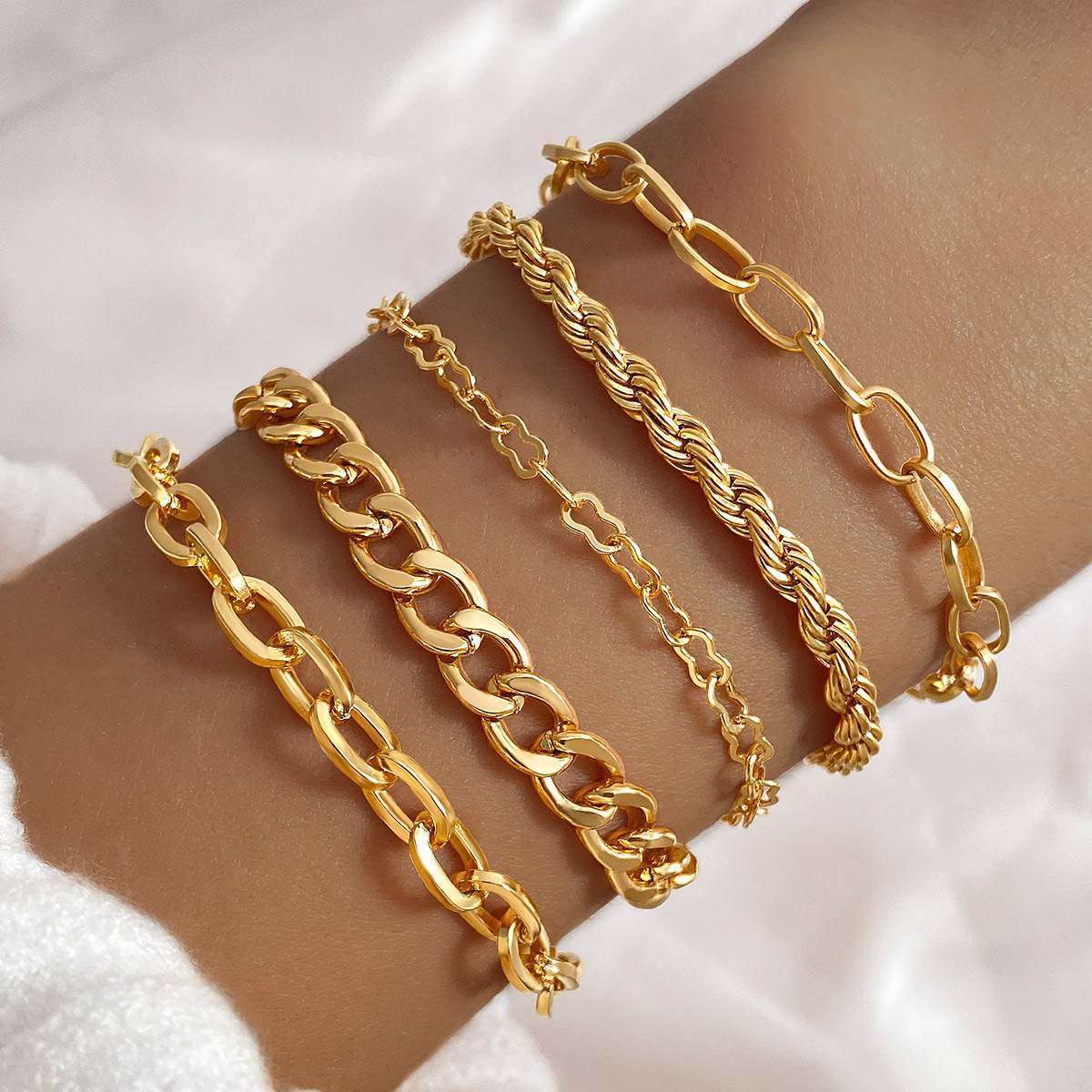 嘻哈麻花链条镂空骨头手链5件套装组合 环保金色链女项投时尚饰品