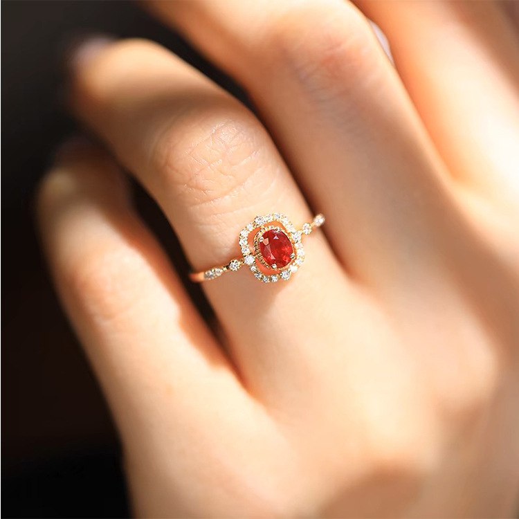 红锆石椭圆戒指镶嵌镀金色中地大证书宫廷风精致轻奢款饰品指环