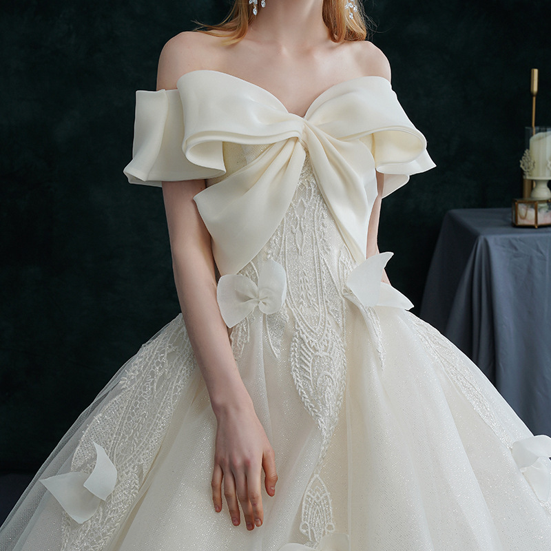 一字肩婚纱礼服新款新娘质感大拖尾蝴蝶结超仙宫廷风主纱