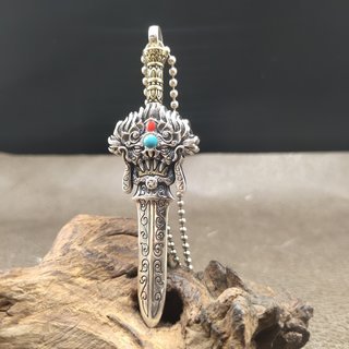 s925纯银普巴金刚个性潮流剑吊装项链手工纯银宝剑民族风镶嵌松石