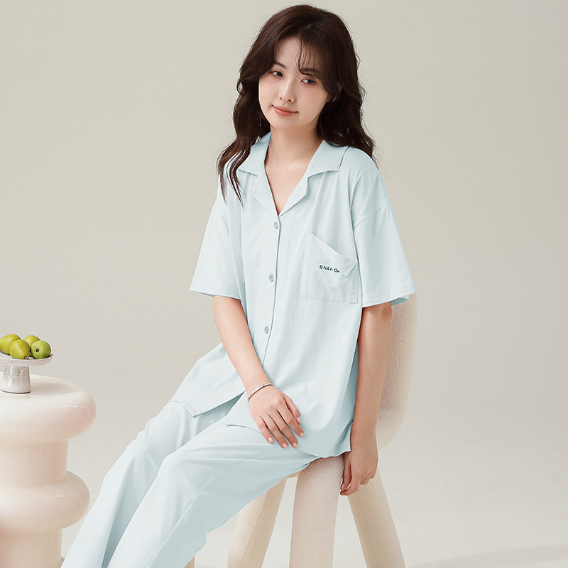 Women's Pajamas Summer Pure Cotton Short-Sleeved and Trousers Pure Desire Sweet Ladies' Homewear Spring and Summer Thin Lapels Cardigan Suit
