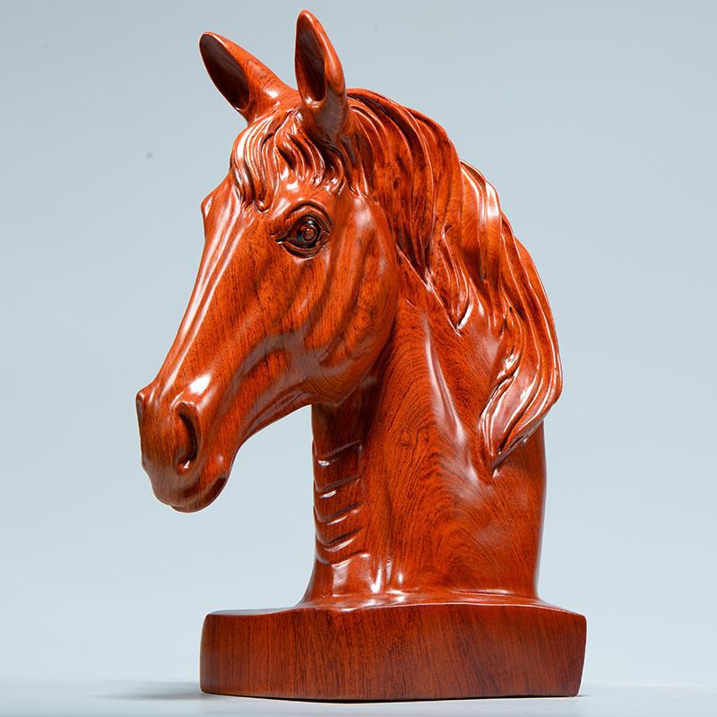 花梨木雕马头摆件实木质雕刻现代简约红木家居客厅欧式动物工艺礼