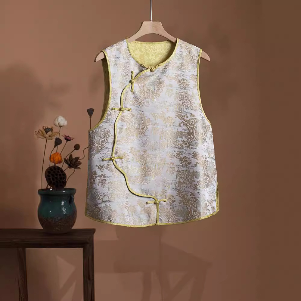 新中式连襟真丝宋锦马甲女2024夏季新款桑蚕丝织金中国风坎肩背心