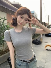 韩系灰色修身圆领短袖T恤女夏季辣妹紧身基础款显瘦短款正肩上衣