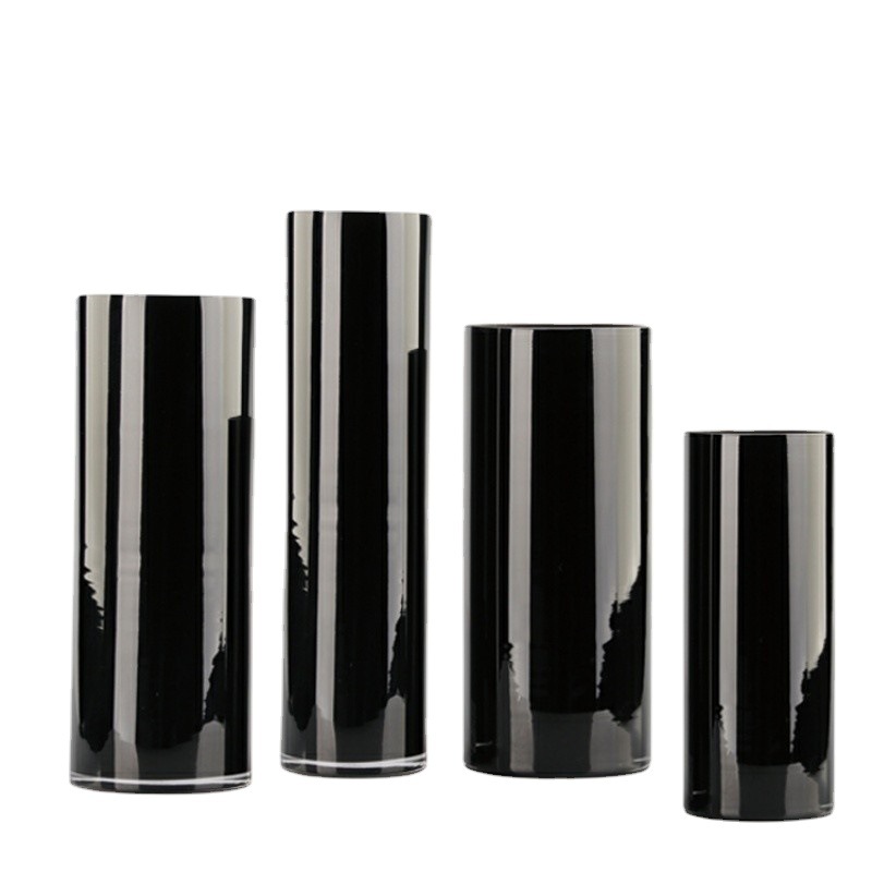 Thickened Black Straight Glass Vase Hotel Lobby White Cylindrical Floor Flower Container Model Room Wedding