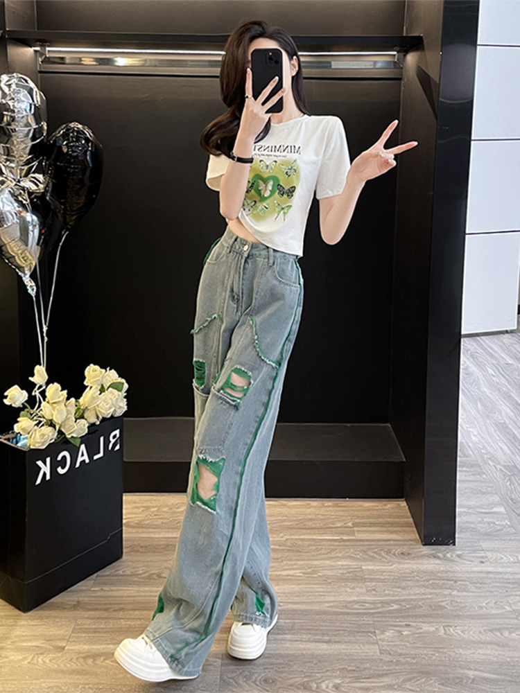 休闲运动套装女夏季炸街减龄时尚烫钻短袖破洞牛仔阔腿裤两件套潮