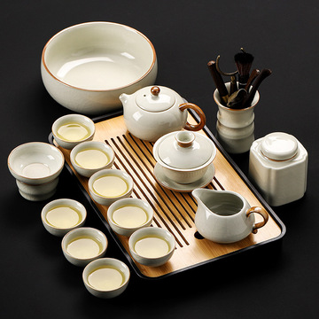 米黄汝窑功夫茶具套装家用新款开片茶壶办公高档泡茶喝茶整套中式