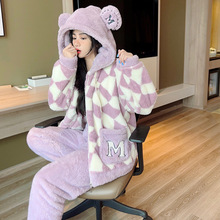 简约纯色珊瑚绒睡衣女冬款加绒加厚宽松大码法兰绒运动家居服套装