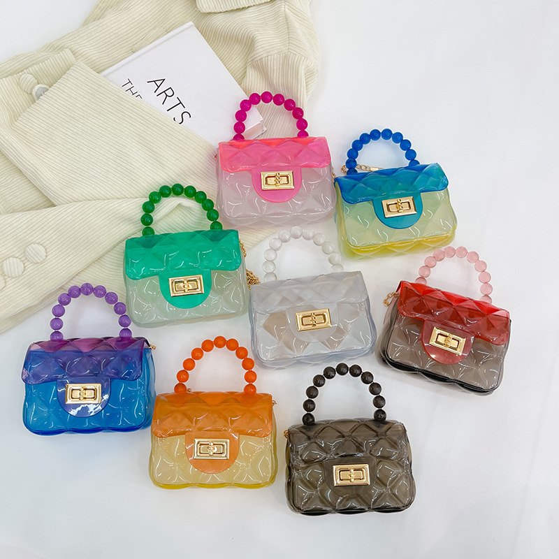 Gel Bag 2024 New Transparent Small Square Bag Women's Fashion Crossbody Lipstick Pack Children's Princess Pearl Chain Bag
