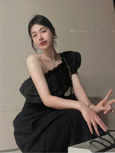 韩系chic设计感斜肩压褶花边衬衫女夏季2024新款无袖拼接弹力上衣