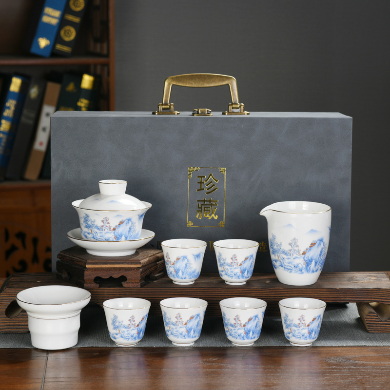 High-End White Jade White Porcelain Sets Kung Fu Tea Set Gold Gaiwan Set Company Gifts Can Add Logo Present for Client