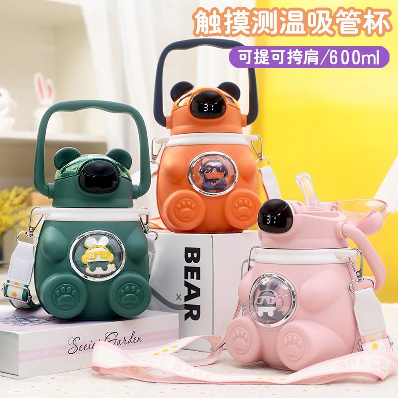 Girl Heart Cute Cartoon Bear Head Thermos Cup Handle Strap Portable Kettle Bounce Straw Big Belly Cup Wholesale