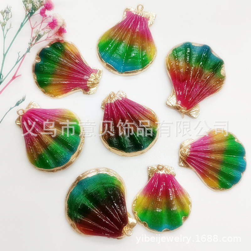 Electroplating Hemming Dyed Thick Scallop Gold-Plated Edge Gradient Colorful Scallop Semi-Finished Earrings Pendant Parts Wholesale