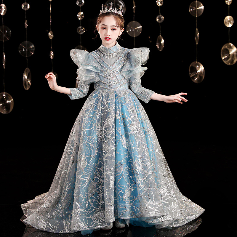 女童拖尾晚礼服公主裙洋气花童主持人走秀儿童钢琴演出服冬季新款