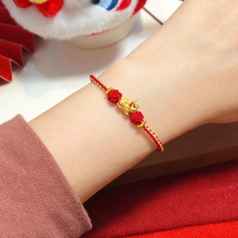 足金999纯黄金醒狮手链复古狮子手串新年红绳虎狮吉祥中国风手绳
