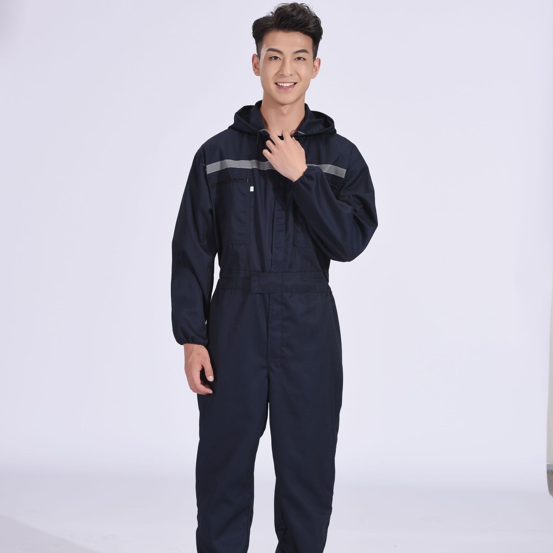 供应春秋冬蓝色防尘反光连体工作服套装 男反光条工服工程劳保服