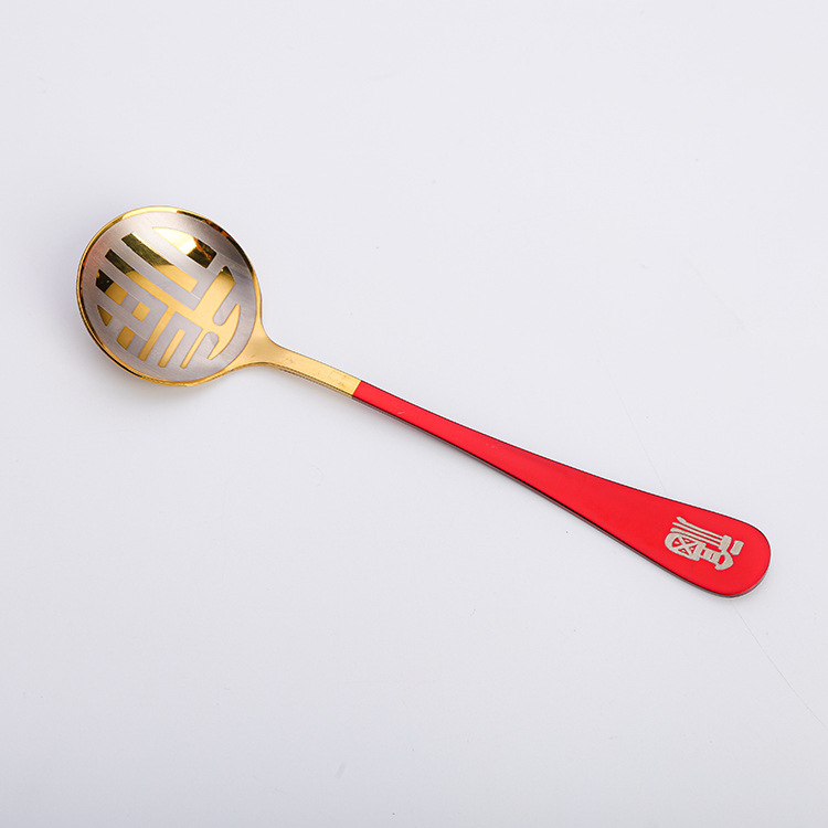 410 Stainless Steel Mesh Red Spoon Creative National Style Tableware Fu Character Spoon Dessert Spoon Hongjin round Spoon Thickened