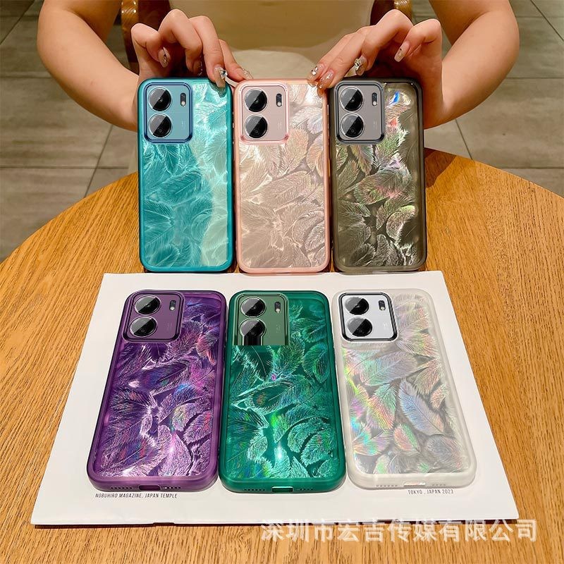 外贸新款镭射羽毛适用红米13c手机壳note13魅眼a3全包k70防摔软套