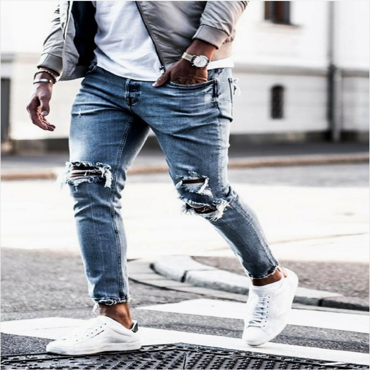 European Station Denim with Hole Men's Pants European and American Fall Slim Fit Slimming New Stretch Trousers Men's Skinny Pants