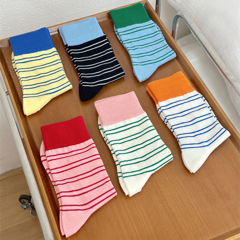 Women's Socks Spring and Autumn Outer Wear Contrast Color Stripes Women's Mid Tube Stockings Ins Trendy Japanese Color Matching Horizontal Stripes Women's Bunching Socks Cotton Socks