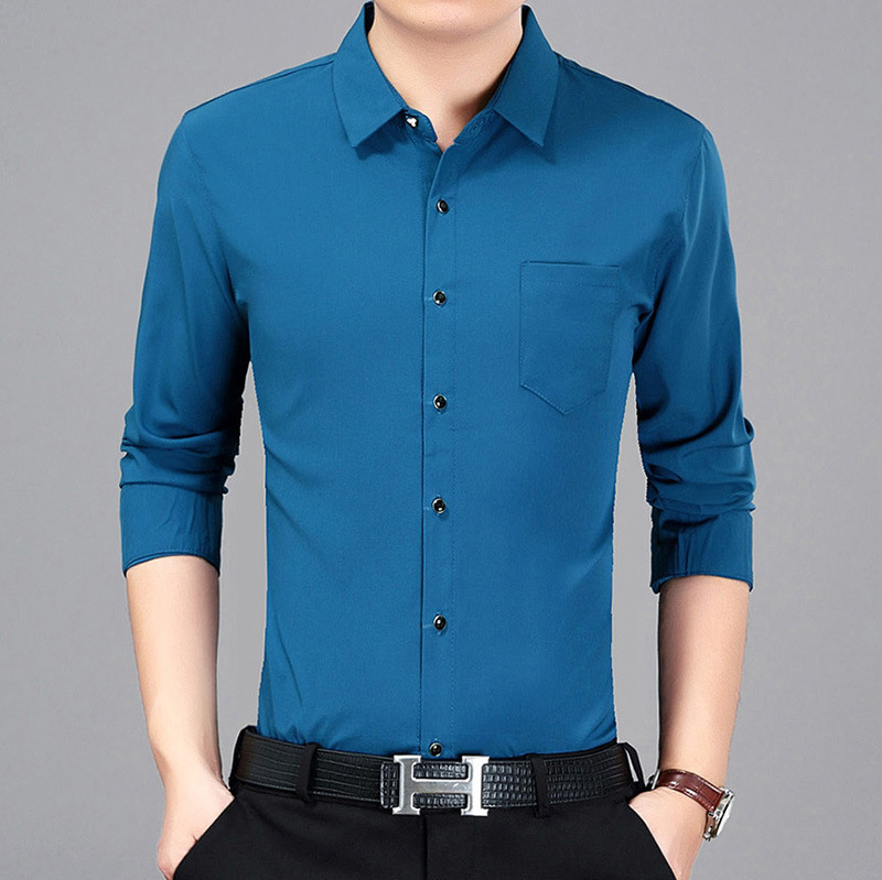 经典翻领长袖男装 2019秋季时尚百搭纯色口袋衬衫男士上装批发