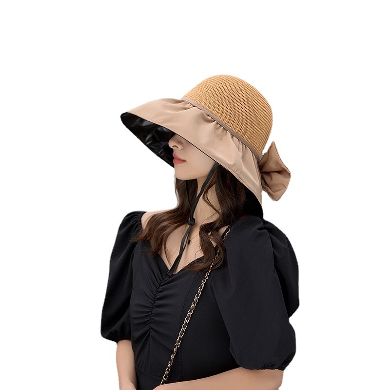 2023 Summer New Vinyl Sun Hat Bow Hollow-out Straw Hat Travel Net Red Sun Hat Sun-Proof Bucket Hat