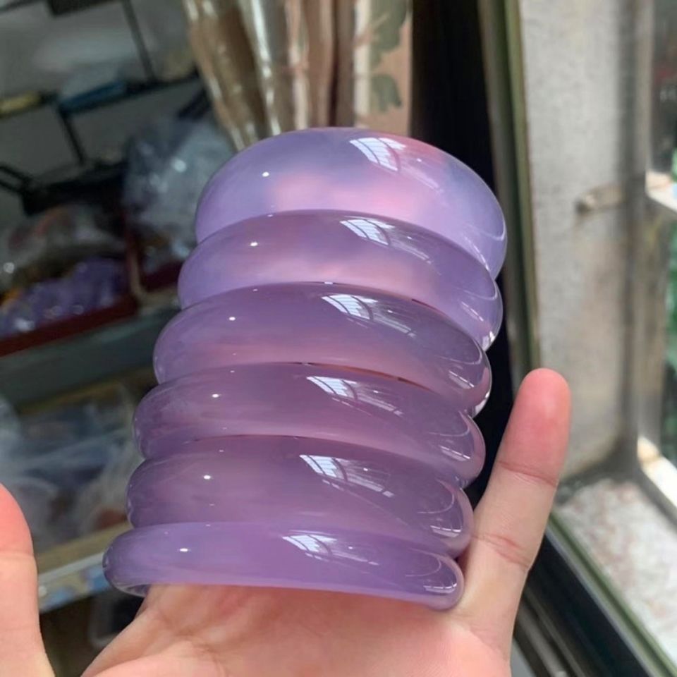 厂家供应天然玛瑙玉髓帝王紫手镯女天然圆条玉石镯子直播货源