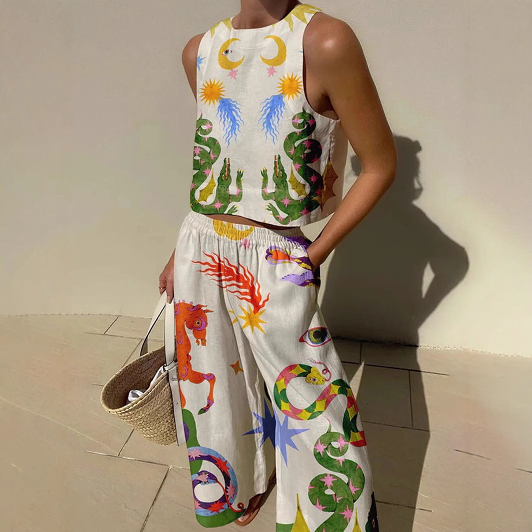 2025夏季新款欧美女士独特印花背心和松紧腰口袋裤套装