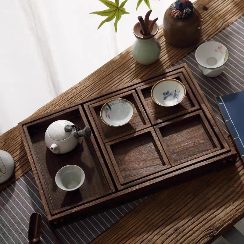 Chinese Wooden Storage Tray Household Stove Tea Dim Sum Plate Solid Wood Square Compartment Snack Fruit Dried Fruit Tray