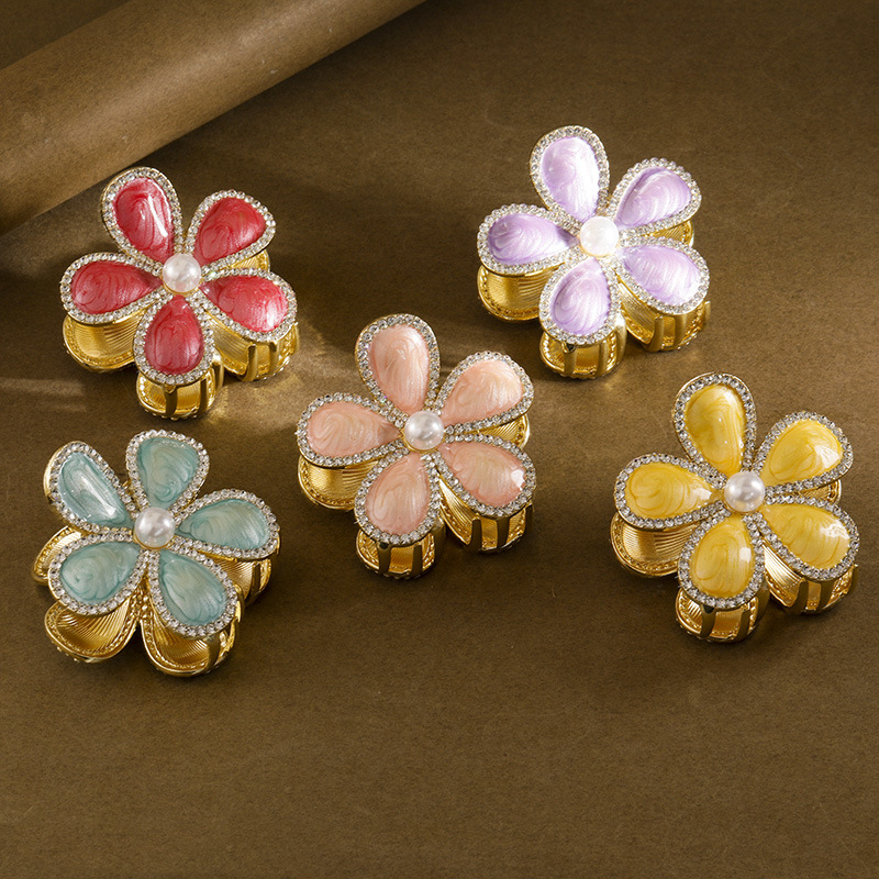 2025新款花朵抓夹合金发抓滴油镶钻头饰鸡蛋花发夹鸡蛋花滴油抓夹