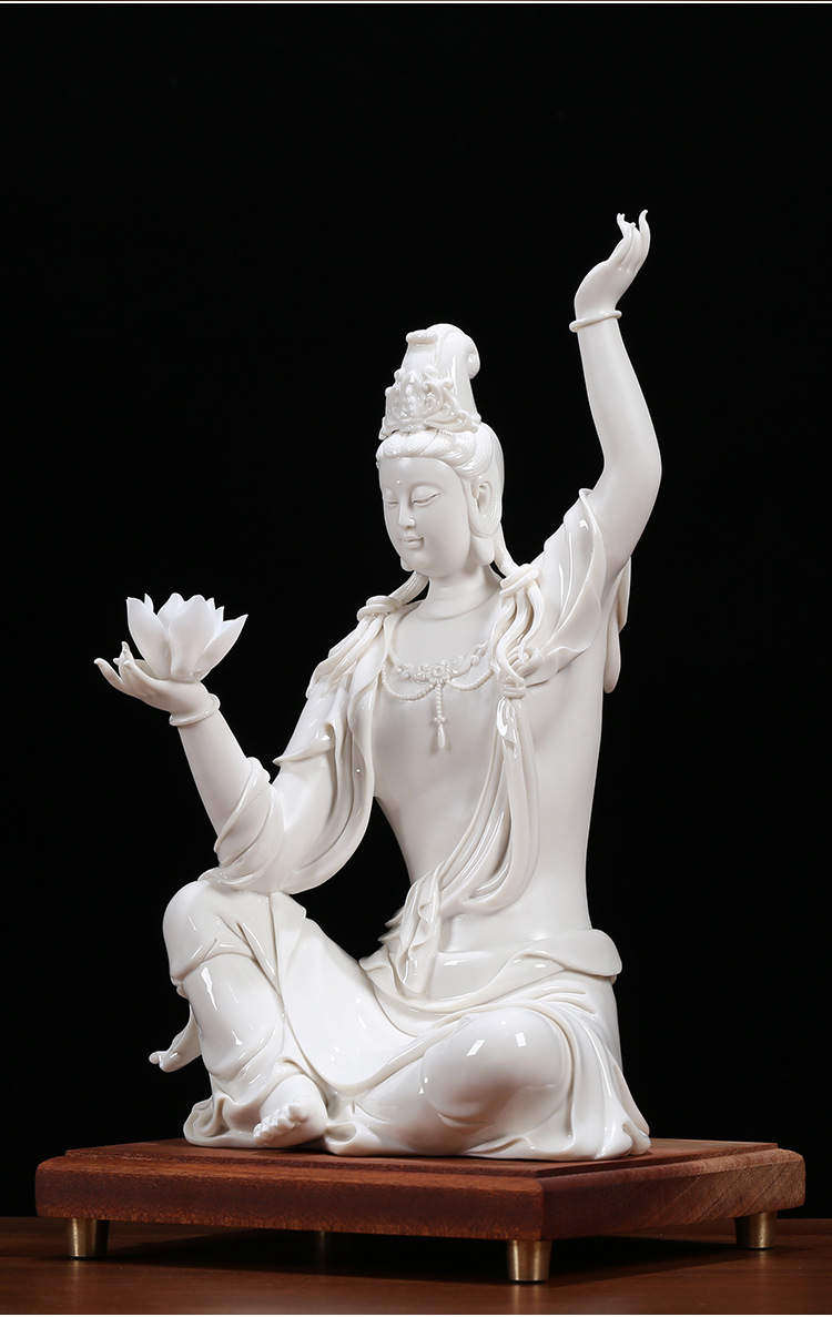陶瓷莲花自在观音佛像摆件 禅意观世音菩萨像家居玄关供奉工艺品